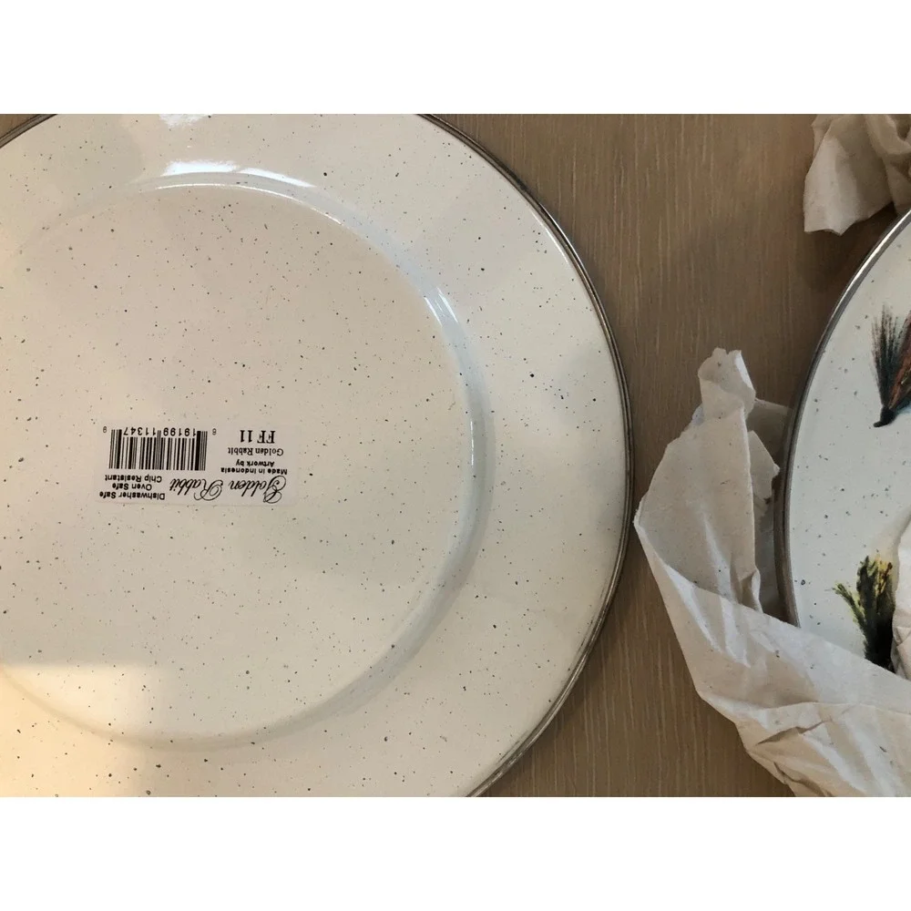 New 2 Golden Rabbit Enamelware Fly Fishing Sandwich Plates